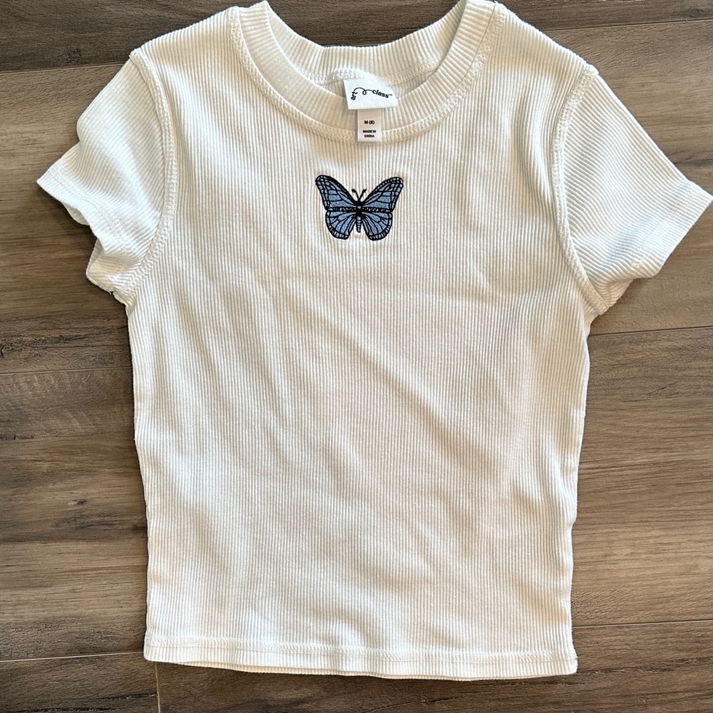 Girls White Tee with Blue Butterfly, size 8